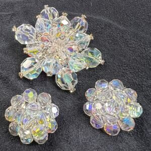 Vintage Aurora Borealis AB Cluster Snowflake Brooch Clip on Earing Set Stament